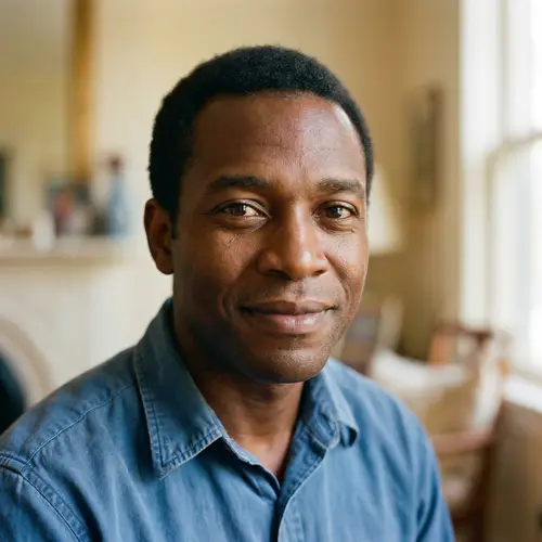 Realistic Portrait of Kindly Black Man in Casual Blue Shirt