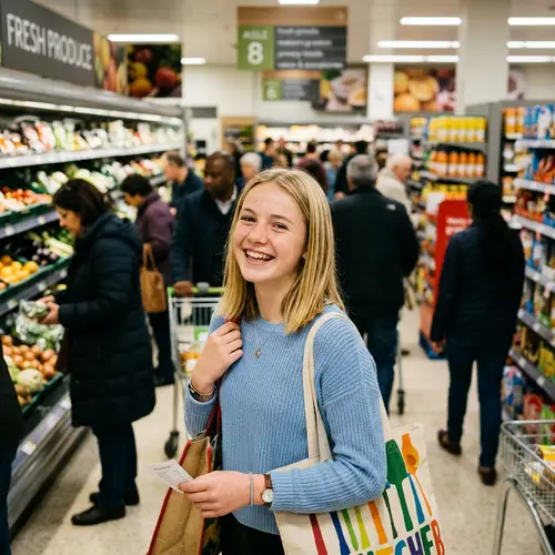 Beautiful Teenage Girl with Blonde Hair in Supermarket