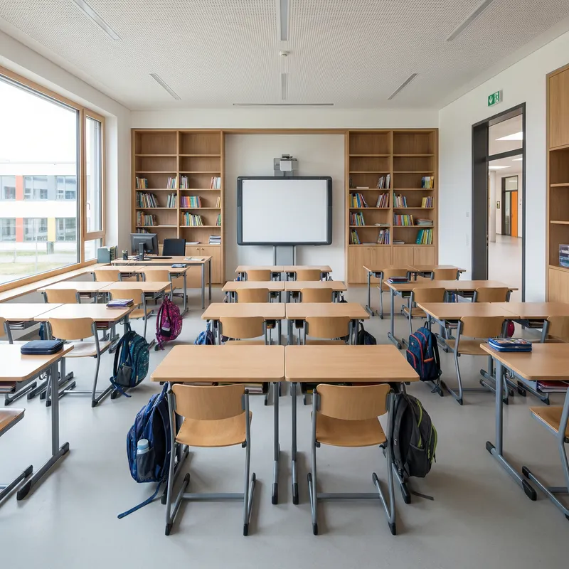 Modern School Classroom View with Whiteboard and Bookshelves