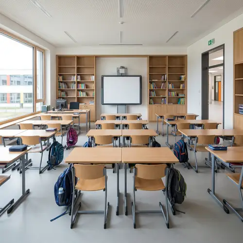Modern School Classroom Scene with Whiteboard and Bookshelves