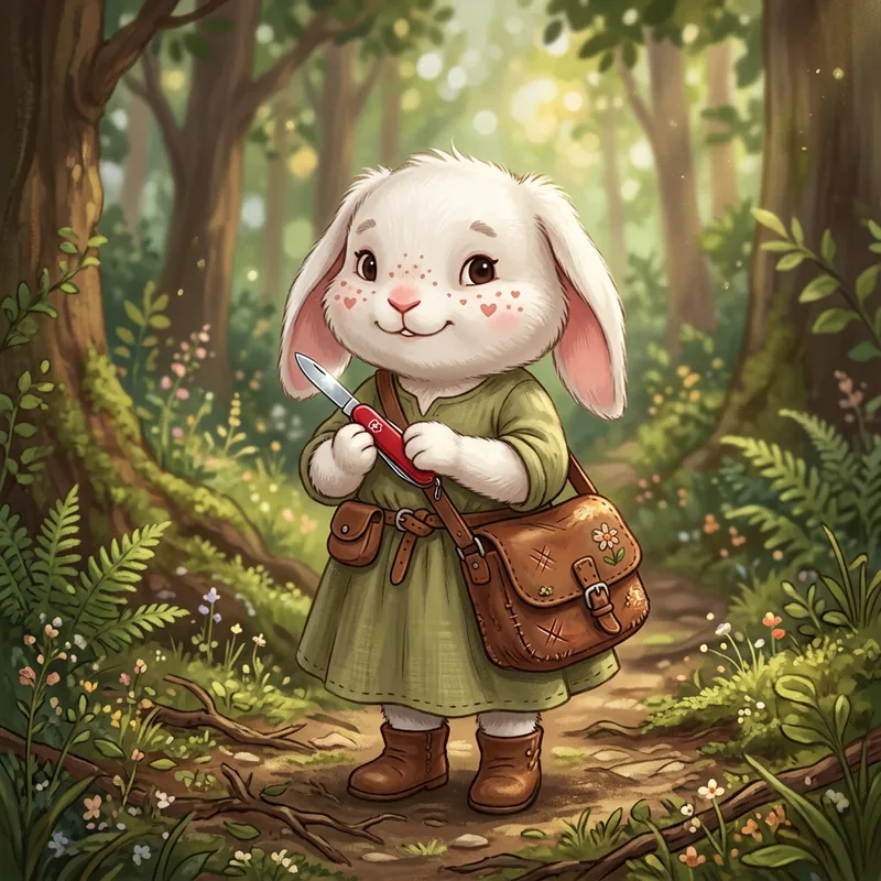 Cute Miffy with Heart Freckles and Pocket Knife in Small Brown Satchel