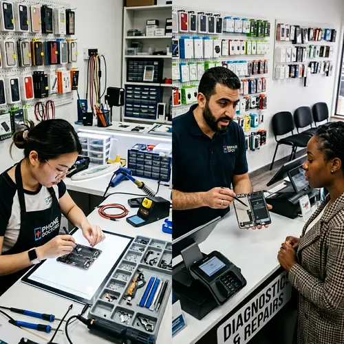 Phone Repair Shop Scene: Precision Work and Customer Diagnostics