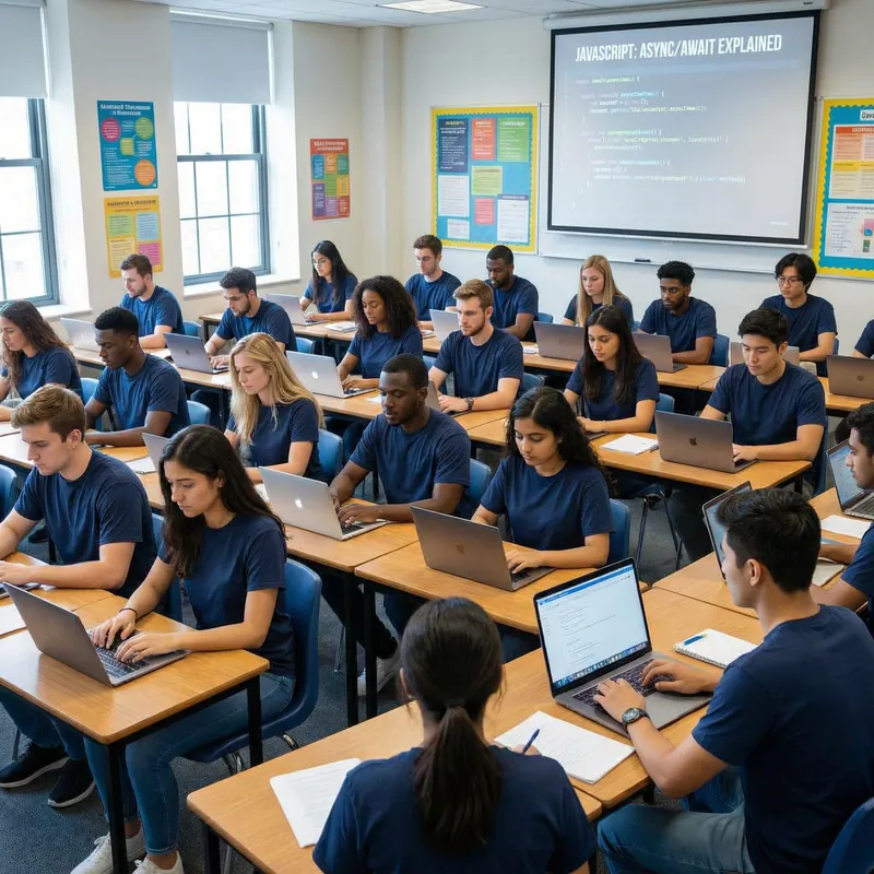 Innovative JavaScript Class with Laptop-Wielding Students