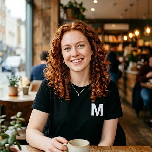 Young Woman with Oval Face and Red Curly Hair in Black T-shirt