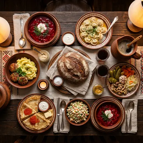 Traditional Russian Dinner: Borsch, Pelmeni, Kvass & More