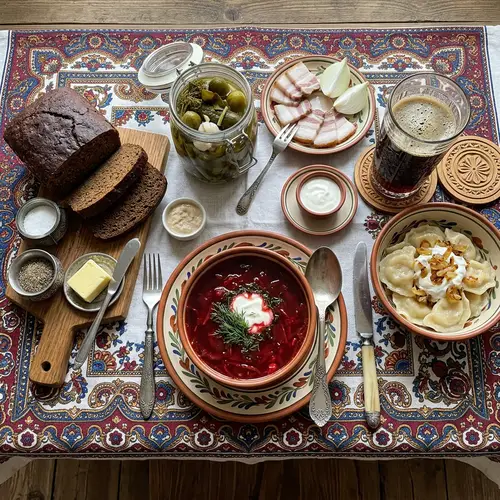 Traditional Russian Meal Composition | Classic Dishes and Kvass