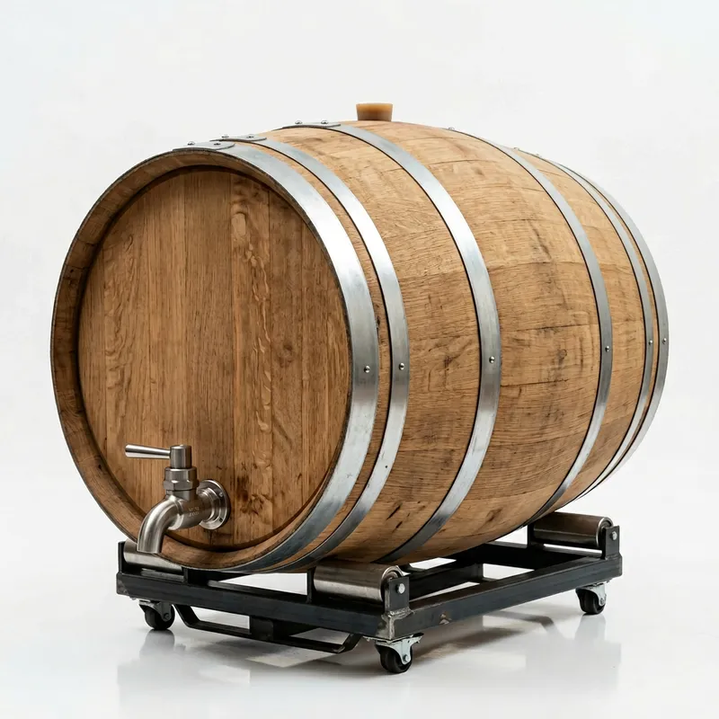Realistic 500-Liter Oak Barrel with Rotating Base and Steel Water Faucet Realistic 500-Liter Oak Barrel with Rotating Base and Steel Water Faucet