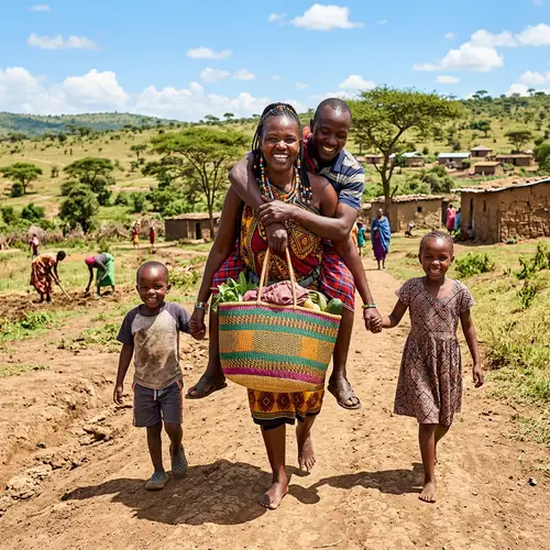 African Woman Carrying Husband and Children in Vibrant Landscape