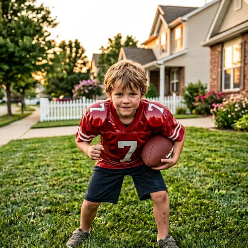 Excited Young Boy in Red Latex Football Jersey