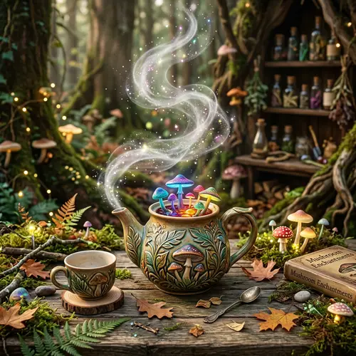 Mushroom Enchantments: Magical Tea Time on Wooden Table