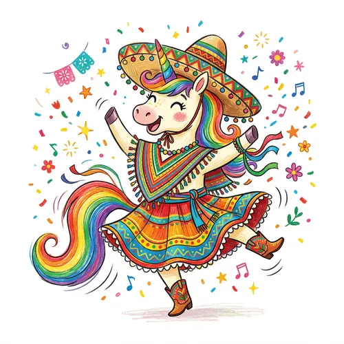 Adorable Cartoon Unicorn Dancing in Vibrant Mexican Attire