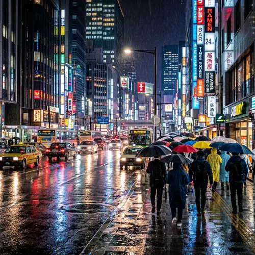 Bustling City Night Rainfall: Shimmering Lights & Colors