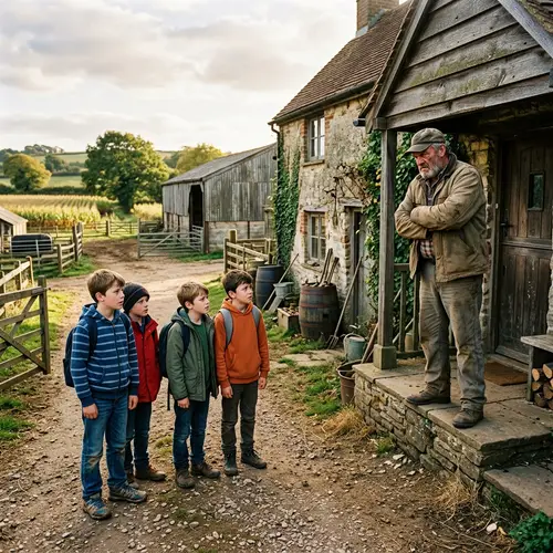 Scary Farmer and Four Boys at the Farmhouse