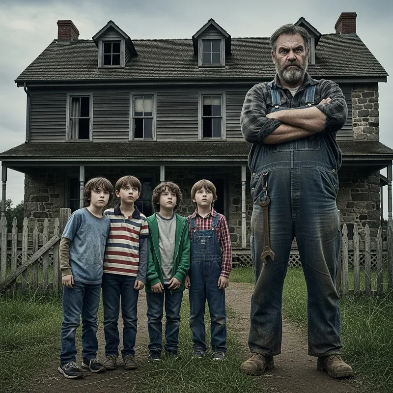 Scary Farmer and Four Boys at the Farmhouse