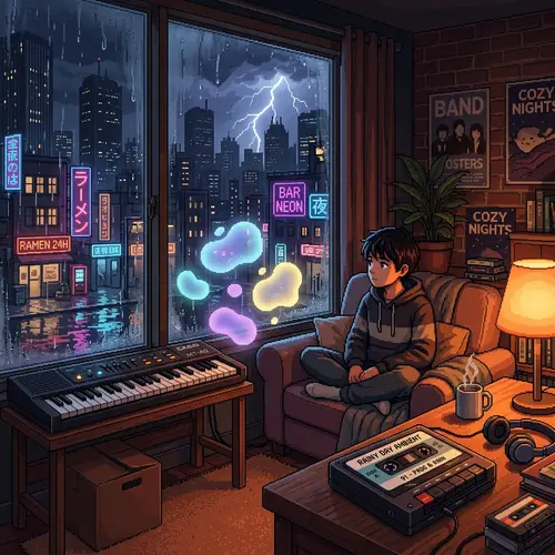 Pixel Art Boy in Neon Urban Room at Night