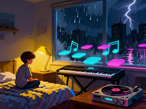 Pixel Art Boy in Neon Urban Room at Night