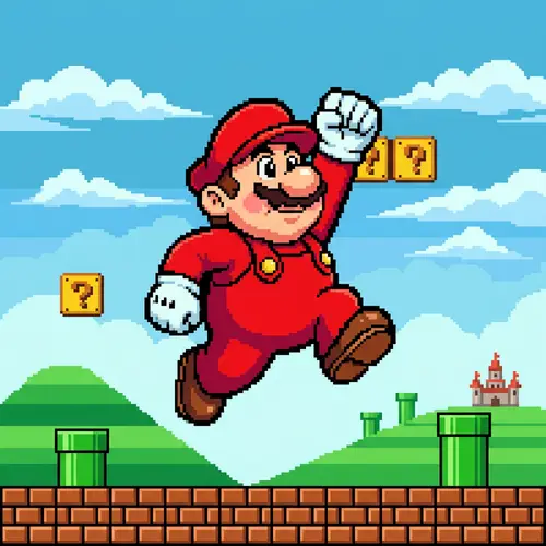 Classic Video Game Character in Vivid Red Overalls Jumps Joyfully