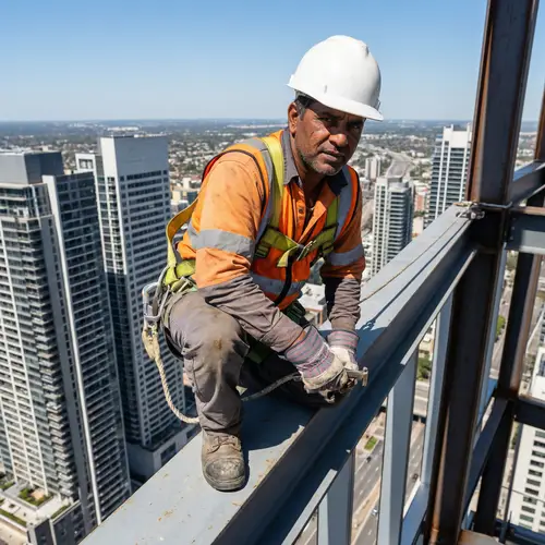 South Asian Male Worker in PPE on Skyscraper Girder | Construction Site
