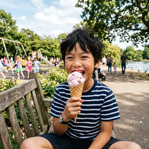 Happy Asian Boy Enjoying Strawberry Ice Cream in the Park