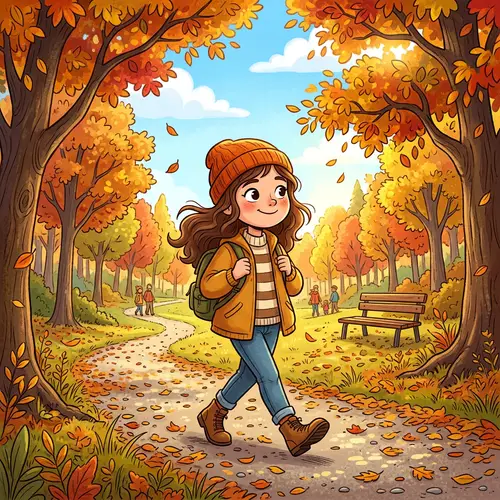 Autumn Park Walk with Brown-Haired Girl