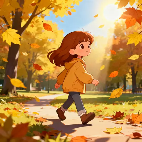 Autumn Park Walk with Brown-Haired Girl