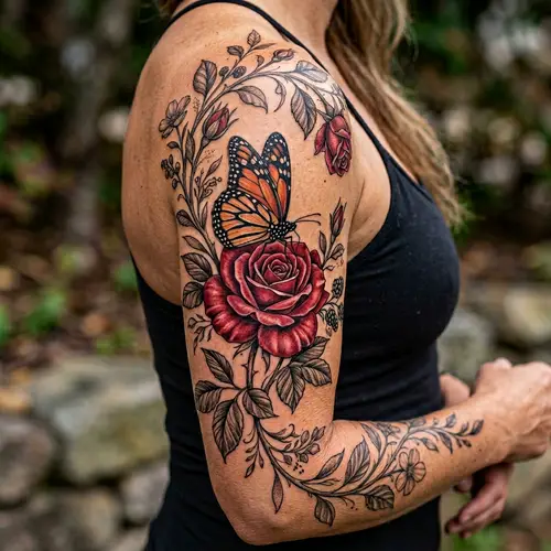 Elegant Butterfly and Rose Tattoo Design