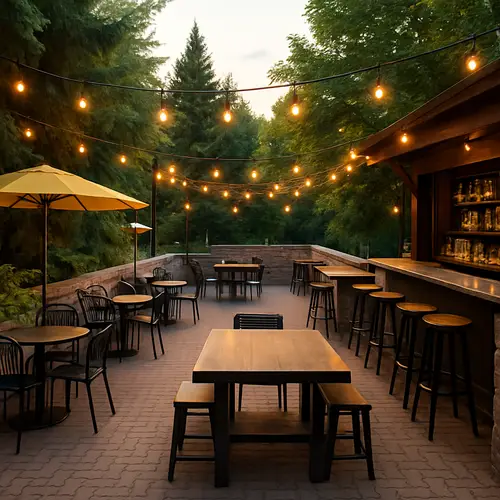 Outdoor Patio Bar with String Lights & Tables