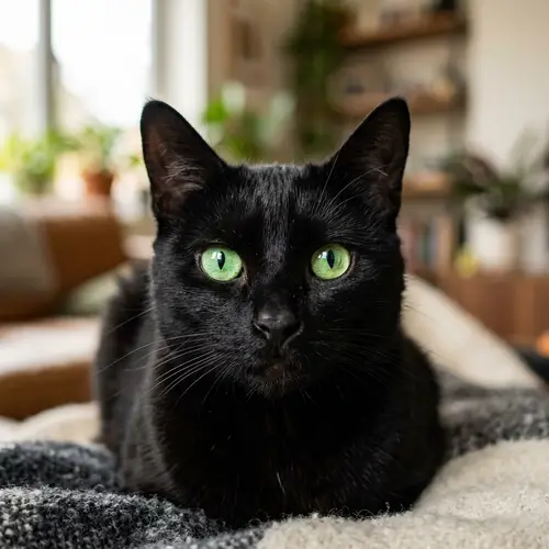 Sleek Black Domestic Cat with Vibrant Green Eyes