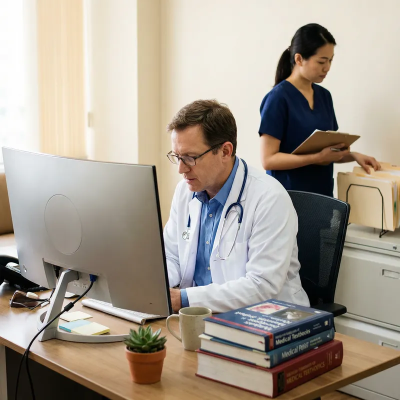 Male Doctor Working at Computer Desk with Nurse Assistance