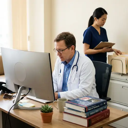 Professional Doctor Working at Computer with Nurse Assistance