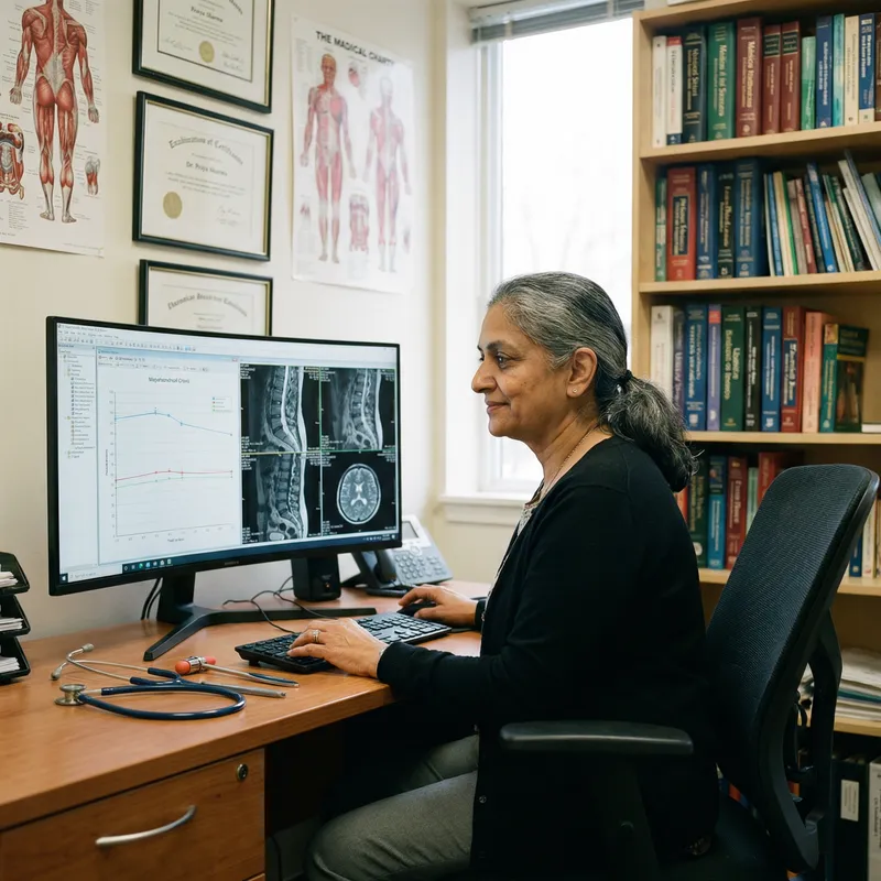 Serious Indian Female Doctor Working at Desk with Computer Monitor