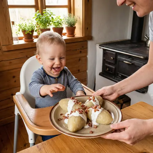Delicious Lithuanian Cepelinai: Joyful Baby Boy in Cozy Kitchen