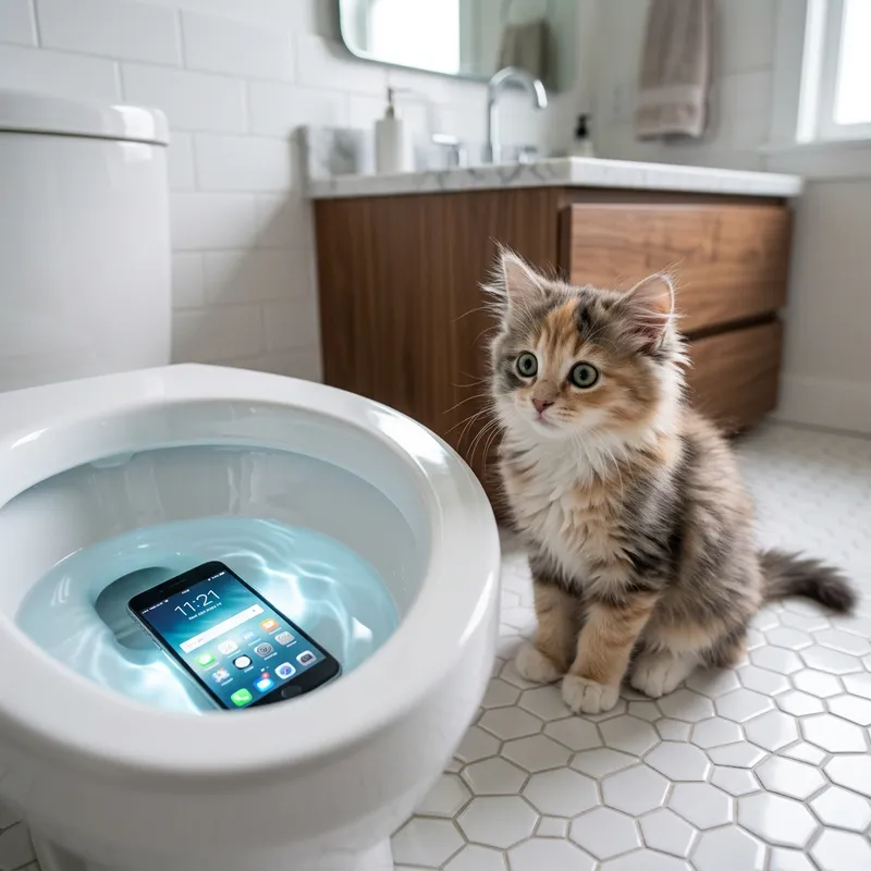 Curious Kitten Surprised by Cell Phone in Toilet