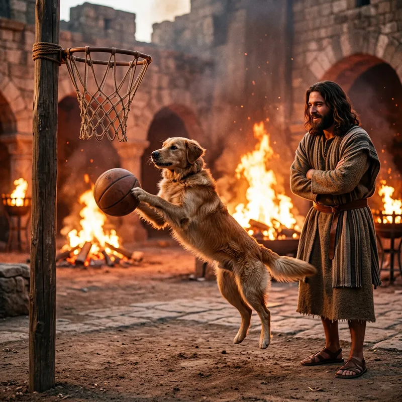 Dog Playing Basketball with Jesus in Fiery Background Dog Playing Basketball with Jesus in Fiery Background