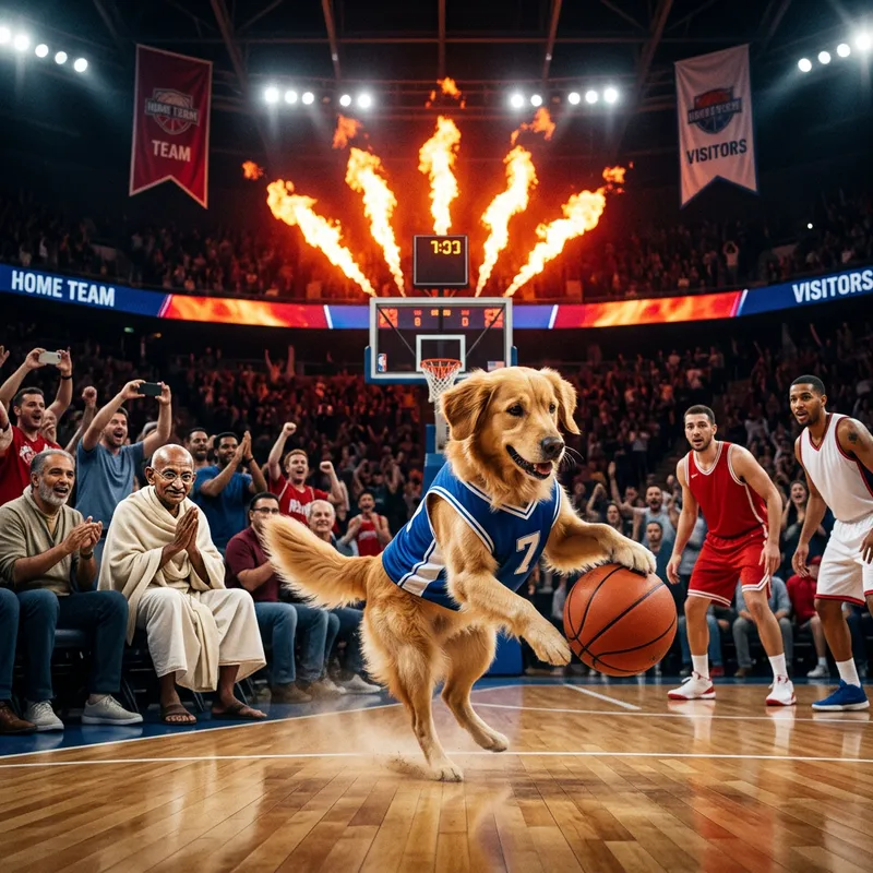 Dog Spinning Basketball with Jesus - Fiery Game Scene