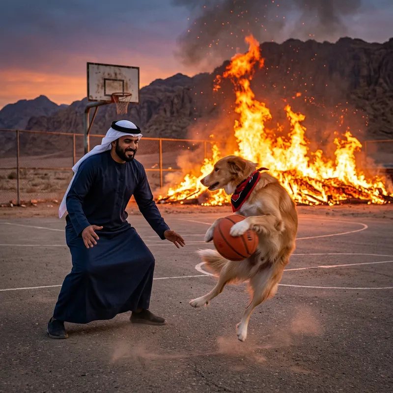Dog Playing Basketball with Jesus Christ in Fiery Background Dog Playing Basketball with Jesus Christ in Fiery Background