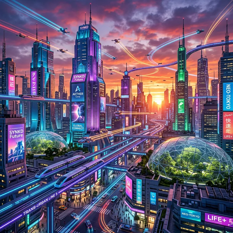 Futuristic Cityscape - Vibrant Metallized Blues & Neon Greens