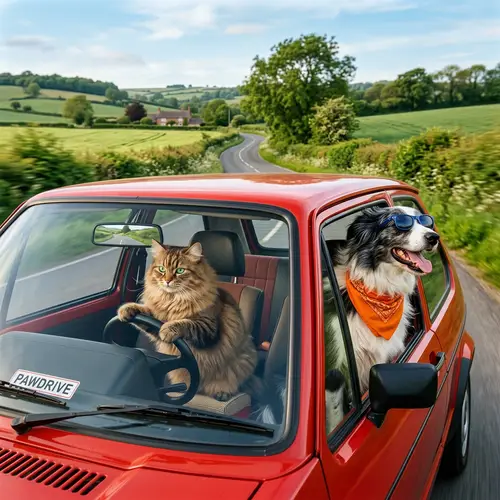 Humorous Cat and Dog Driving Scene | Countryside Joy Ride