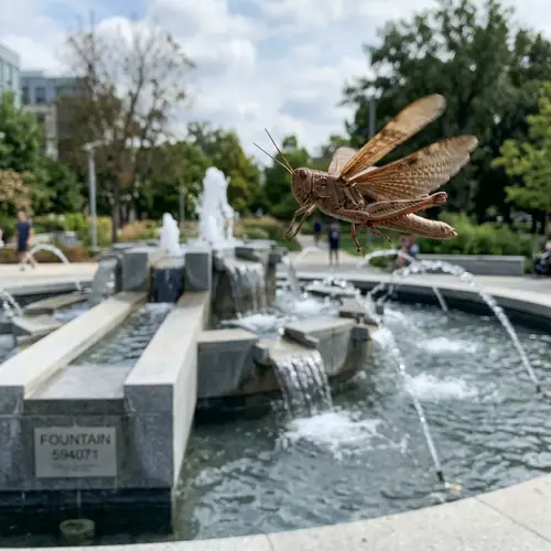 Brown Grasshopper Flying over Fountain