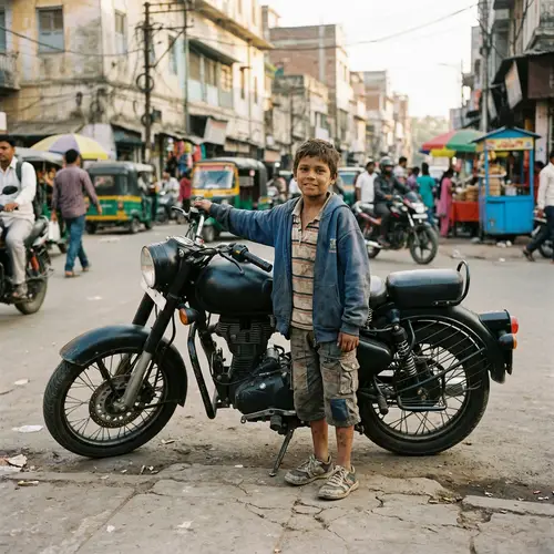 Street Child with Black Motorcycle