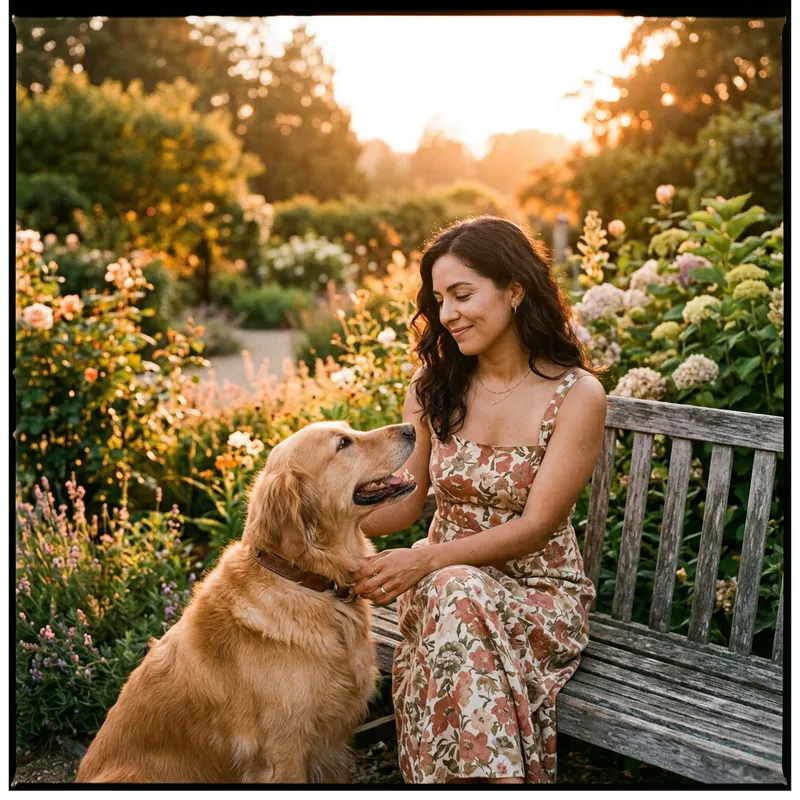 Hispanic Woman and Golden Retriever in Vintage Garden Sunset Scene Hispanic Woman and Golden Retriever in Vintage Garden Sunset Scene