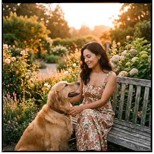 Hispanic Woman & Golden Retriever Enjoying Sunset in Lush Garden