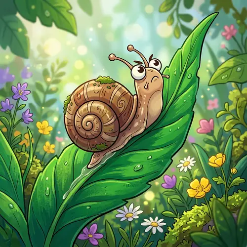 Charming Snail Climbing Vibrant Leaf | Cel Shading Style