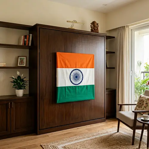 Foldable Wall Bed in Rich Dark Brown with Indian Flag Coverlet
