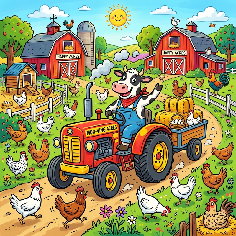 Playful Cow Driving Tractor on Colorful Farm