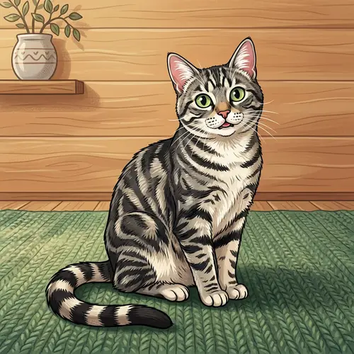Tabby Cat Sitting on Green Carpet - Beautiful Domestic Feline