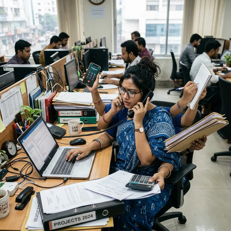 Multitasking South Asian Woman in Busy Office