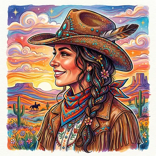 Colorful Cowgirl Drawing with Woman's Face