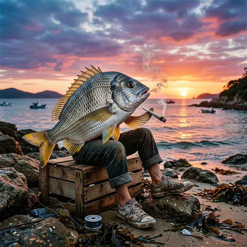 Yellowfin Bream with Human Feet at Sunset Yellowfin Bream with Human Feet at Sunset