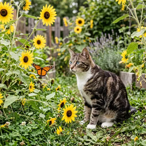 Adorable Cat with Dark Brown and White Stripes in a Garden